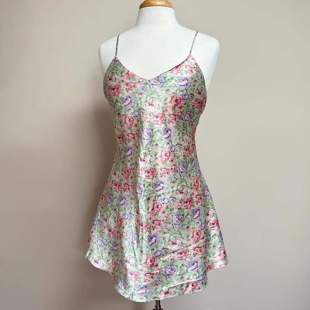 Kathryn Vintage 90s Floral Satin Slip Dress Size M Pink Rose Babydoll
